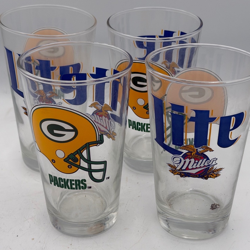 Vintage Green Bay Packers Miller Lite Pint Beer Glasses Set x4 Barware Fan Cave